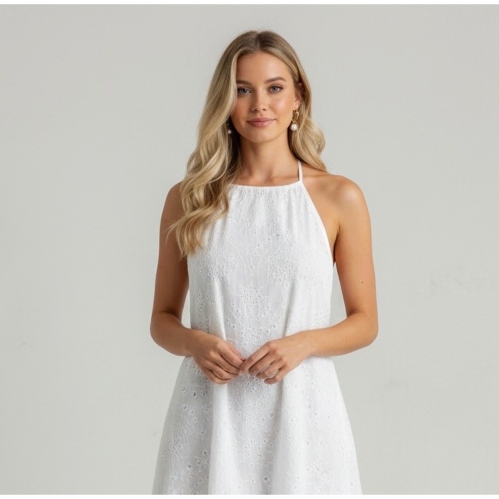 White‎ Eyelet Halter Mini Dress Size Medium Boho Summer Sun Dress